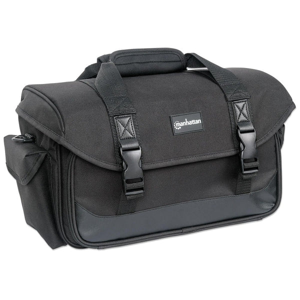 Black messenger bag with visible Manhattan Porte logo on a white background