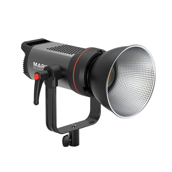 A Mars M200Bi continuous bi-colour LED video light with a black body and red detailing. It features a U-shaped bracket, a reflective lens, and a handle for adjustments.