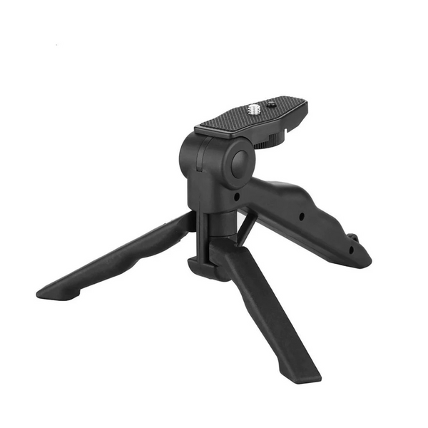 A black handheld tripod with adjustable legs and a ball head mount.
