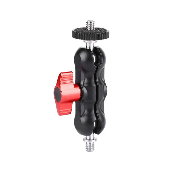 A black and red Mini Magic Arm, a camera stabilizer accessory, with a ball head and a 1/4'' screw.