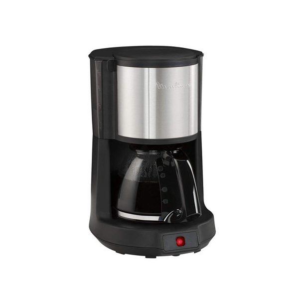 A Moulinex drip coffee maker with a silver upper half and black lower half, featuring a transparent carafe.