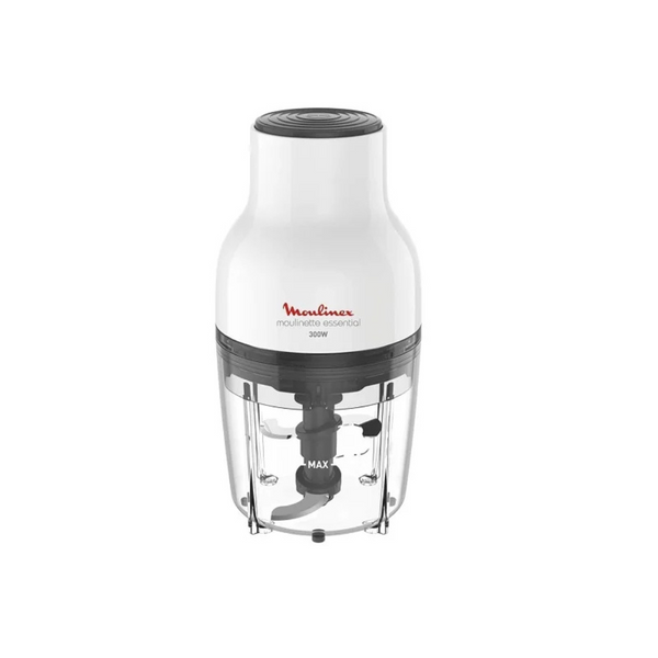 Moulinex electric onion chopper with a white body and a clear container, featuring stainless steel blades inside.