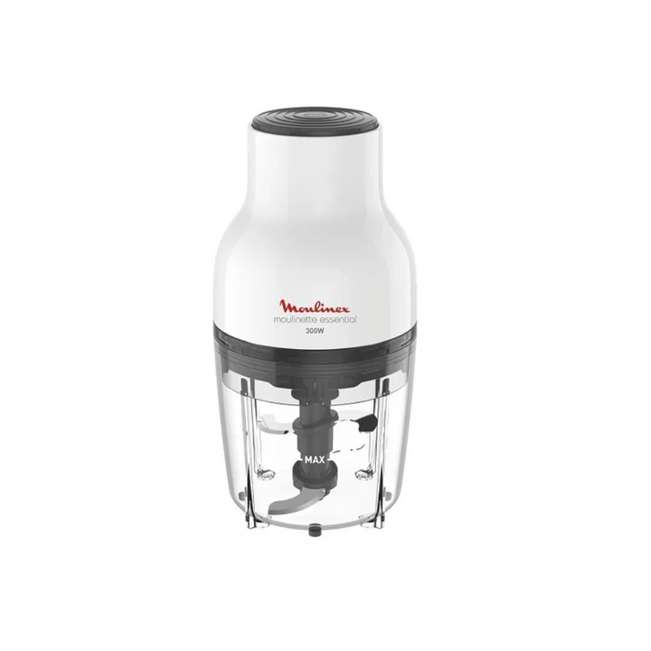 Moulinex electric onion chopper with a white body and a clear container, featuring stainless steel blades inside.