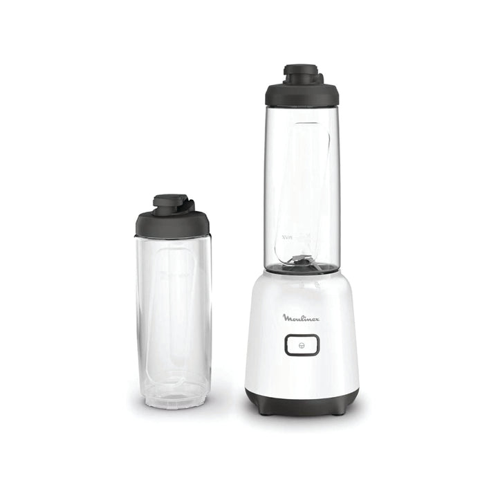 Two portable blenders, one white and one clear with black lids, on a white background.