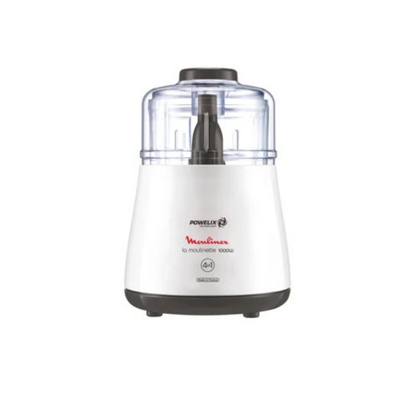 A white Moulinex La Moulinette food processor with a clear bowl and black accents.