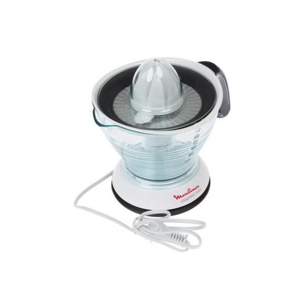 Moulinex PC302B10 Vita Press Juicer, featuring a white and black color scheme with a clear juicing cone on top.