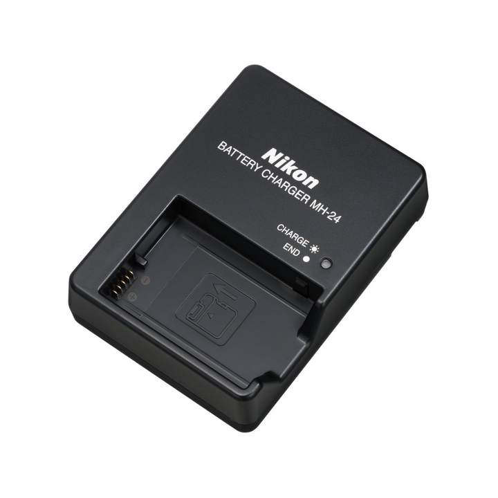 A black Nikon battery charger designed for charging EN-EL14 batteries.