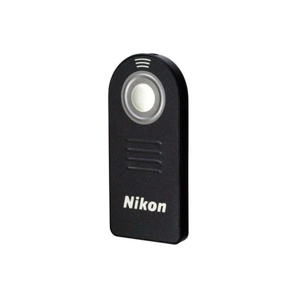 A black Nikon ML-L3 wireless remote control with a shutter release button and a built-in battery.