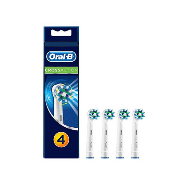 Packaging of Oral B Cross Action Electric 4 Brush Heads with four individual brush heads displayed in front of the packaging.
