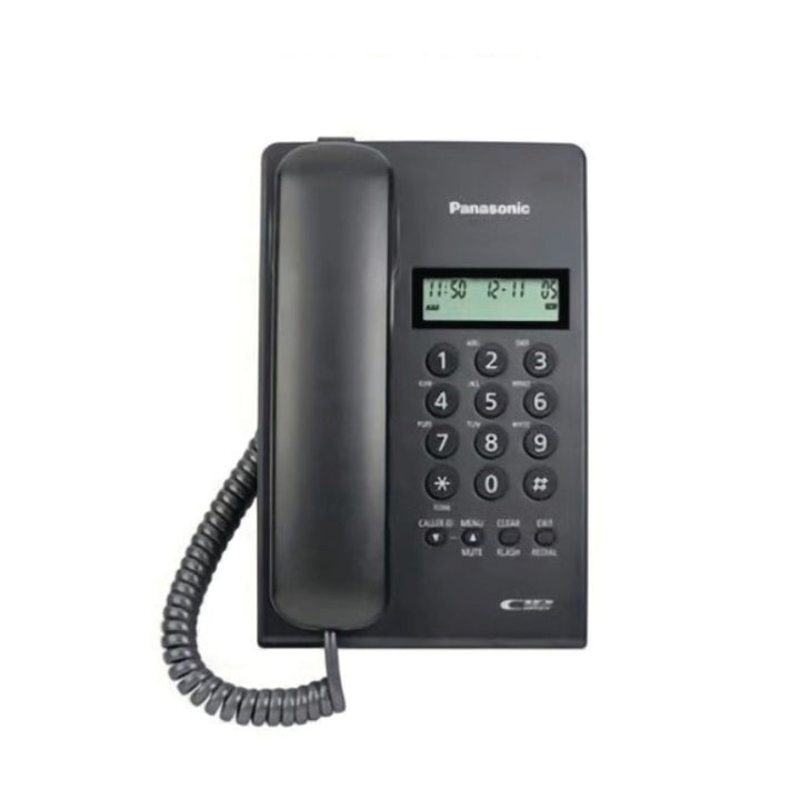 Black Panasonic telephone with digital display on a white background