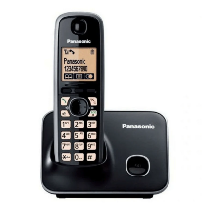 Black Panasonic cordless phone on a white background
