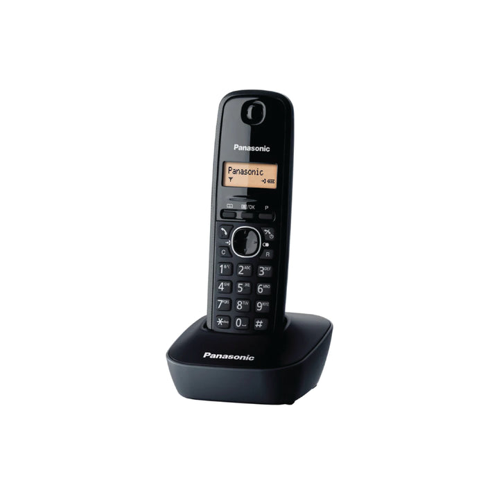 Black Panasonic cordless phone on a white background