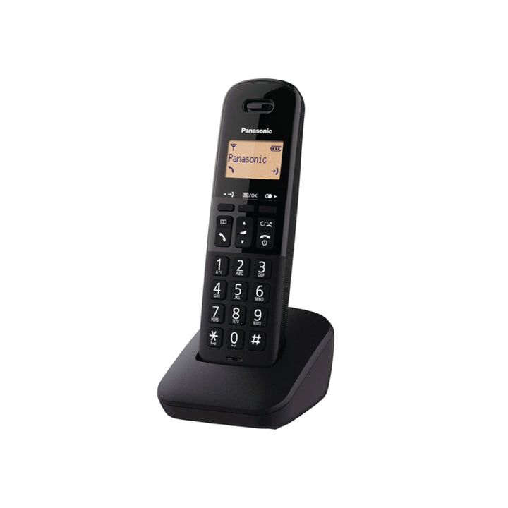 Black Panasonic cordless phone on a white background