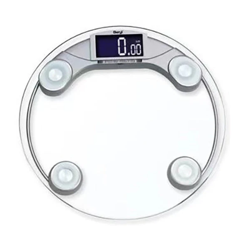 Digital bathroom scale with glass platform on a white background
