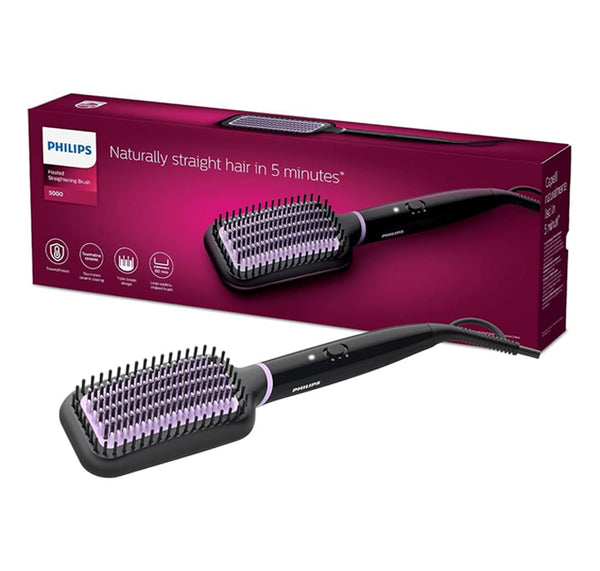 Philips Stylecare Essential Heated Straightening Brush with tourmaline ceramic coating, featuring a large triple bristle design, LED indicator, and temperature settings displayed on the packaging.