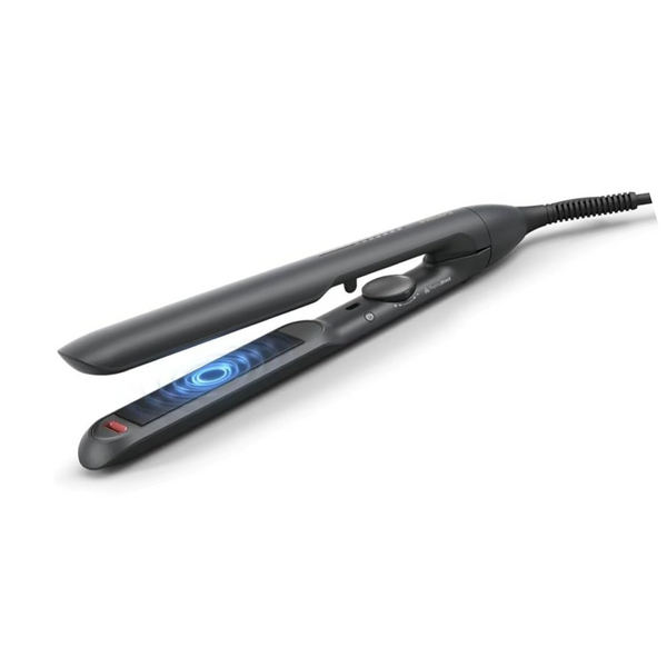 A Philips hair straightener with a black color scheme, featuring a flat iron design with a digital display and a power cord.
