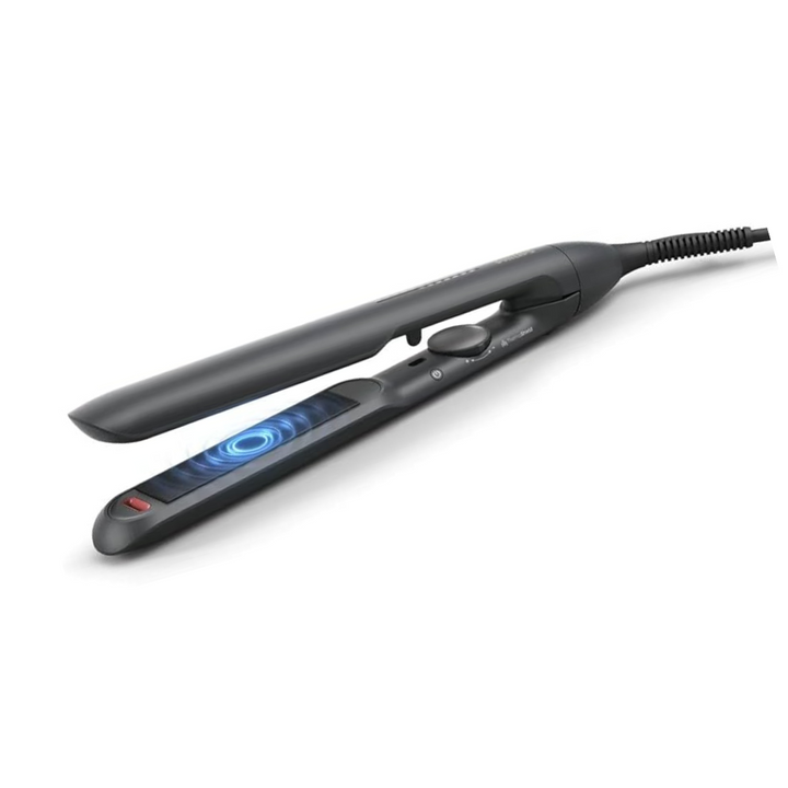 A Philips hair straightener with a black color scheme, featuring a flat iron design with a digital display and a power cord.