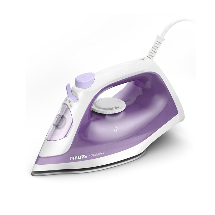 A Philips 1000 Series steam iron with a white body and purple accents on the soleplate and control dial.