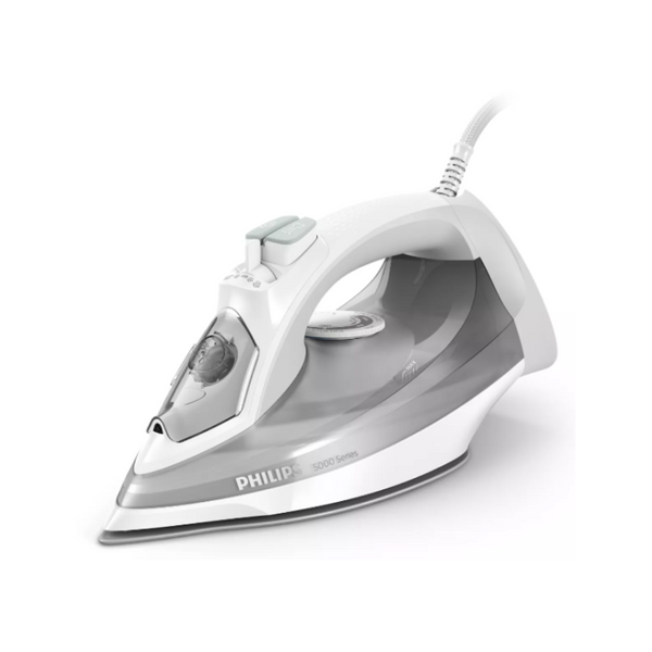 A Philips steam iron with a white and gray color scheme, featuring a steam boost button and a water spray dial.