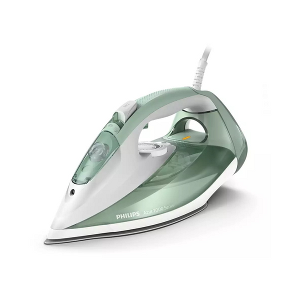 A Philips Steam Iron 7000 Series DST7012 in green and white color, with a steam boost button visible on the handle.