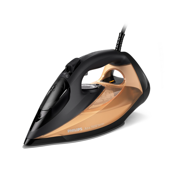A Philips steam iron with a black handle and copper-colored body, featuring a steam boost button and a steam glide soleplate.