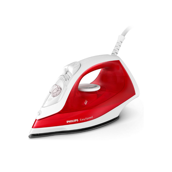 A red and white Philips Steam Iron with a 2000W power rating, displayed on an isolated background.