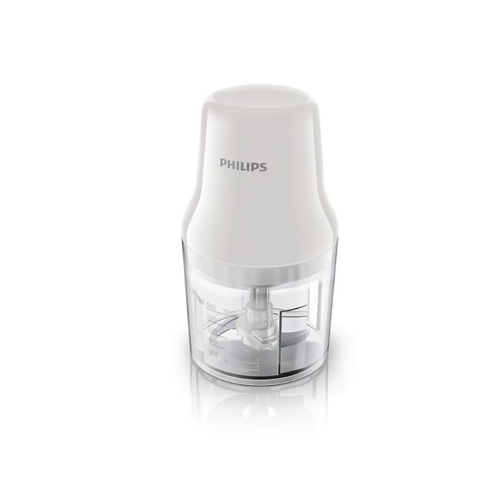 Philips chopper with a white body, transparent bowl, and stainless steel blades.