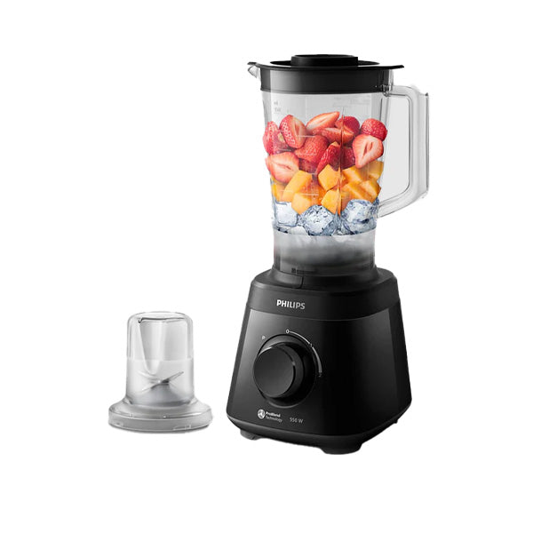 Black Philips blender with fruits and ice cubes on a white background