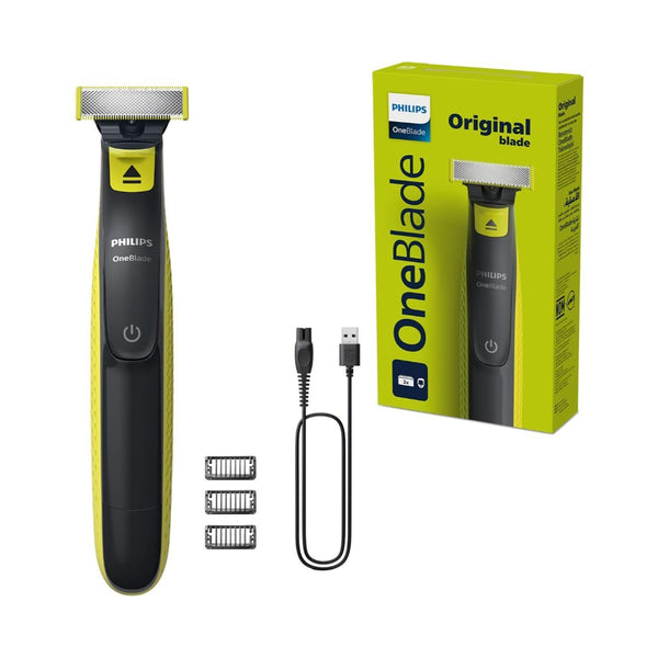 Philips OneBlade hair trimmer with black and yellow color scheme, displayed alongside its original blade box and a USB charging cable.