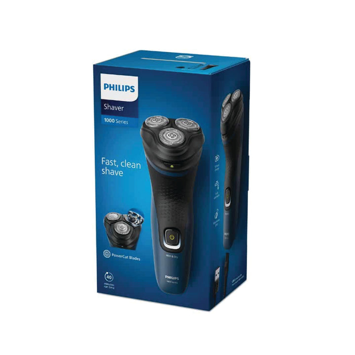 Philips shaver packaging with blue and black design on a white background