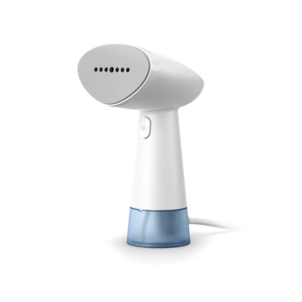 A Philips handheld steamer with a white body and a detachable blue water tank.