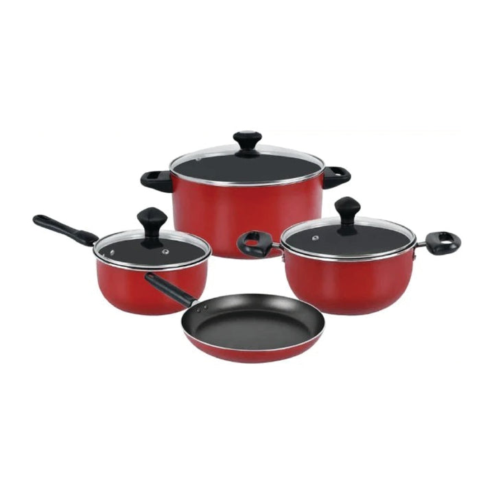 Set of red cookware with black interior lids on a white background