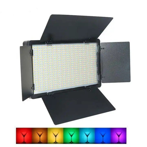 LED light with a grid-like pattern, designed for photography and videography, showing a color spectrum in the center.