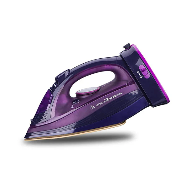 Purple steam iron on a white background