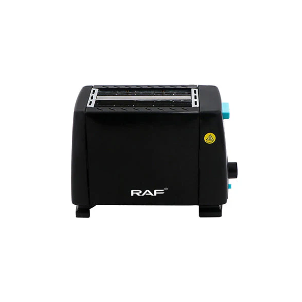 Black toaster with RAF branding on a white background