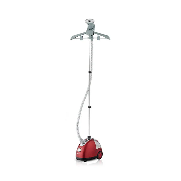 Red and white garment steamer on a white background