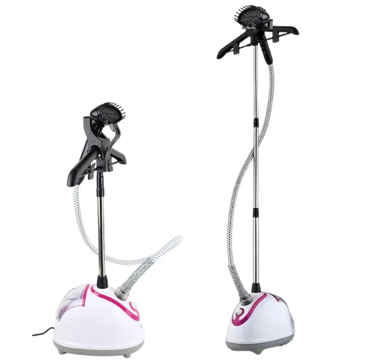 Garment steamer with attachments on a white background