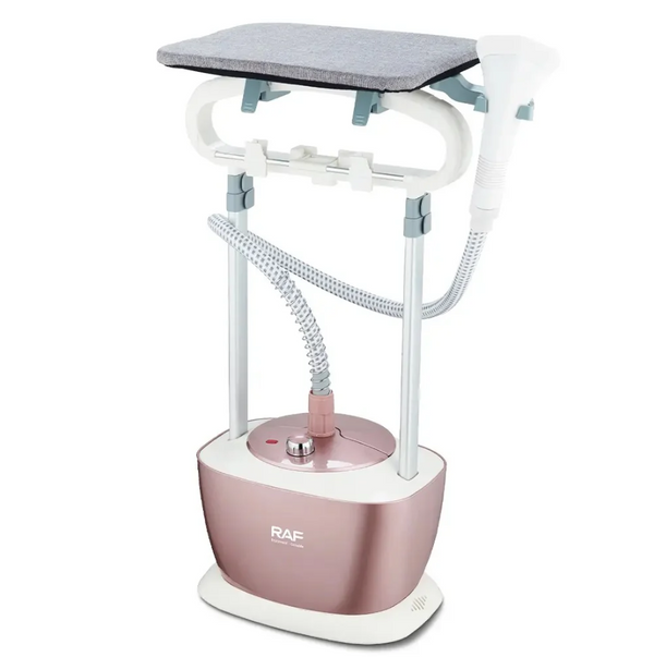 Rose gold and white garment steamer with a gray top on a white background