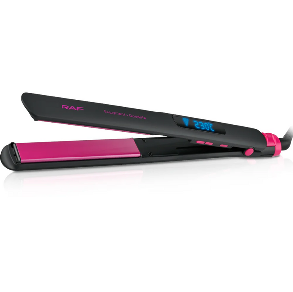 Hair straightener with pink and black design on a white background