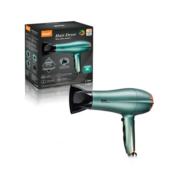 RAF hair dryer with packaging on a white background