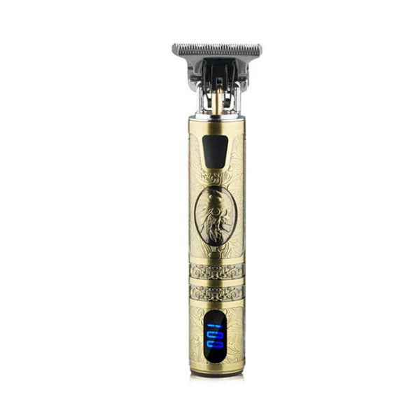 Gold electric shaver with digital display on a white background