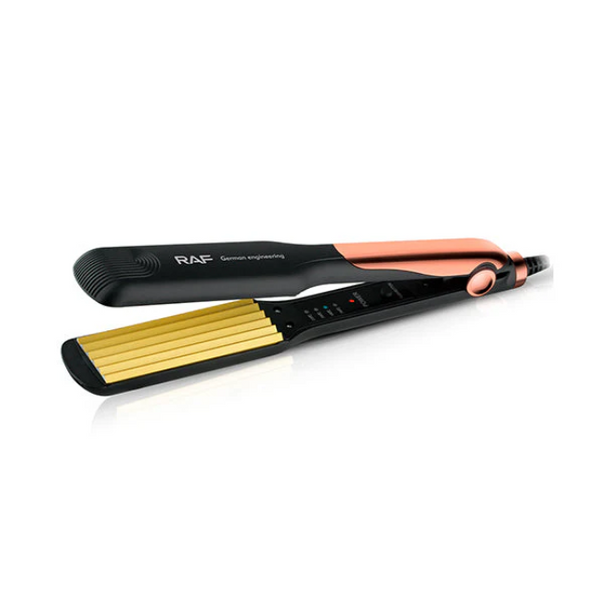 Hair straightener with black, gold, and pink design on a white background