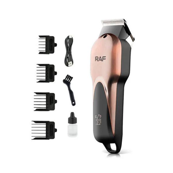 Rose gold and black hair trimmer with attachments on a white background