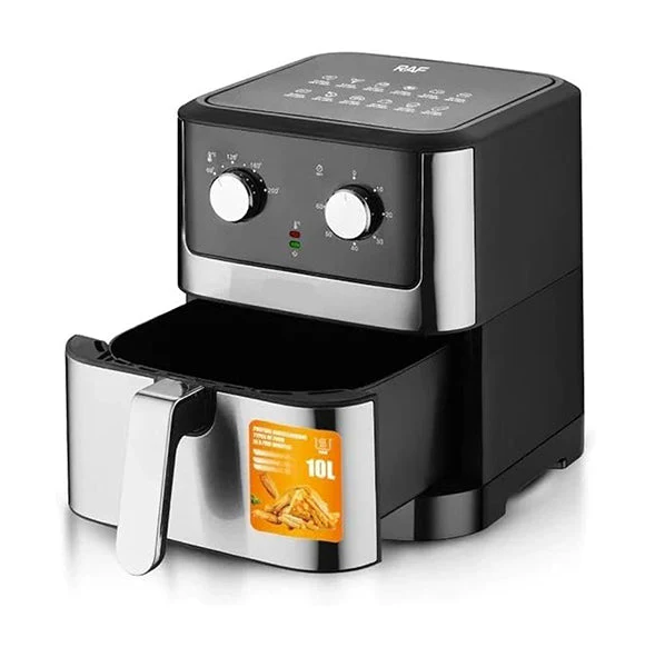 Black and silver air fryer with digital display on a white background