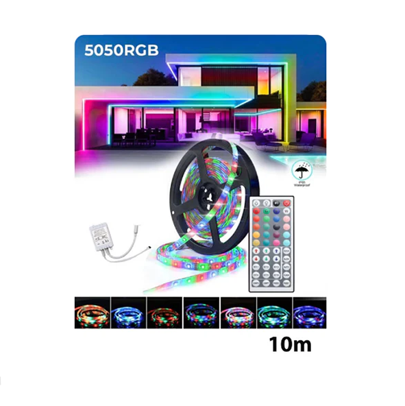 LED strip light set with control panel and color options displayed on a white background