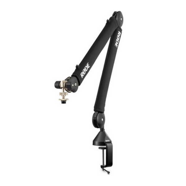A professional studio arm microphone mount by RODE, featuring a black arm with a C-clamp at the end and a vertical microphone mount.