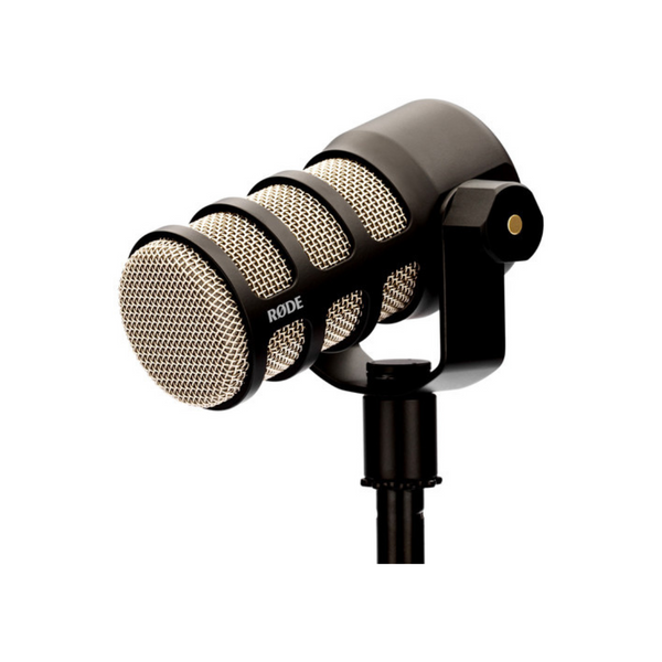 A black RODE PodMic dynamic podcasting microphone with a grid-like structure over the capsule and a mounting bracket.