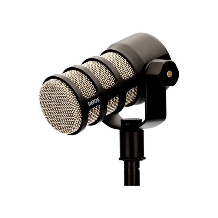 A black RODE PodMic dynamic podcasting microphone with a grid-like structure over the capsule and a mounting bracket.