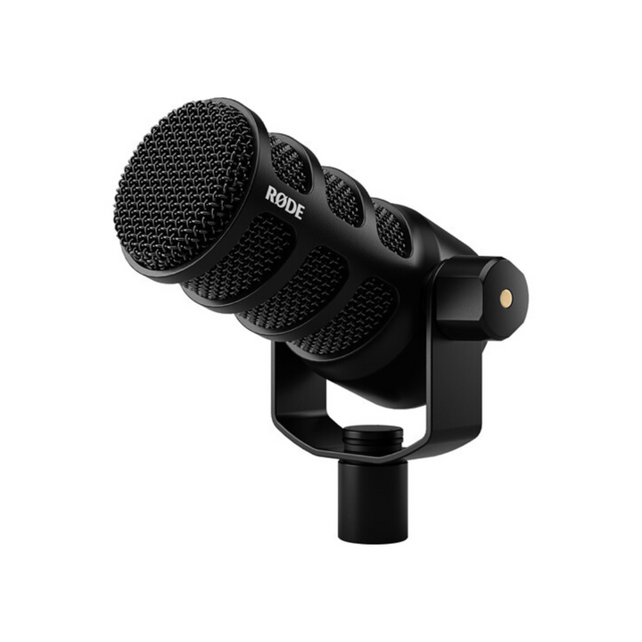 A black RODE PodMic USB and XLR Dynamic Broadcast Microphone with a shock mount.