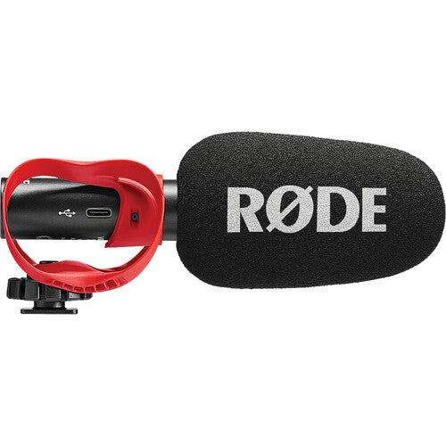 RODE VideoMic GO II Shotgun Microphone with a red and black color scheme, featuring a windscreen and a 3.5mm TRS output connector.